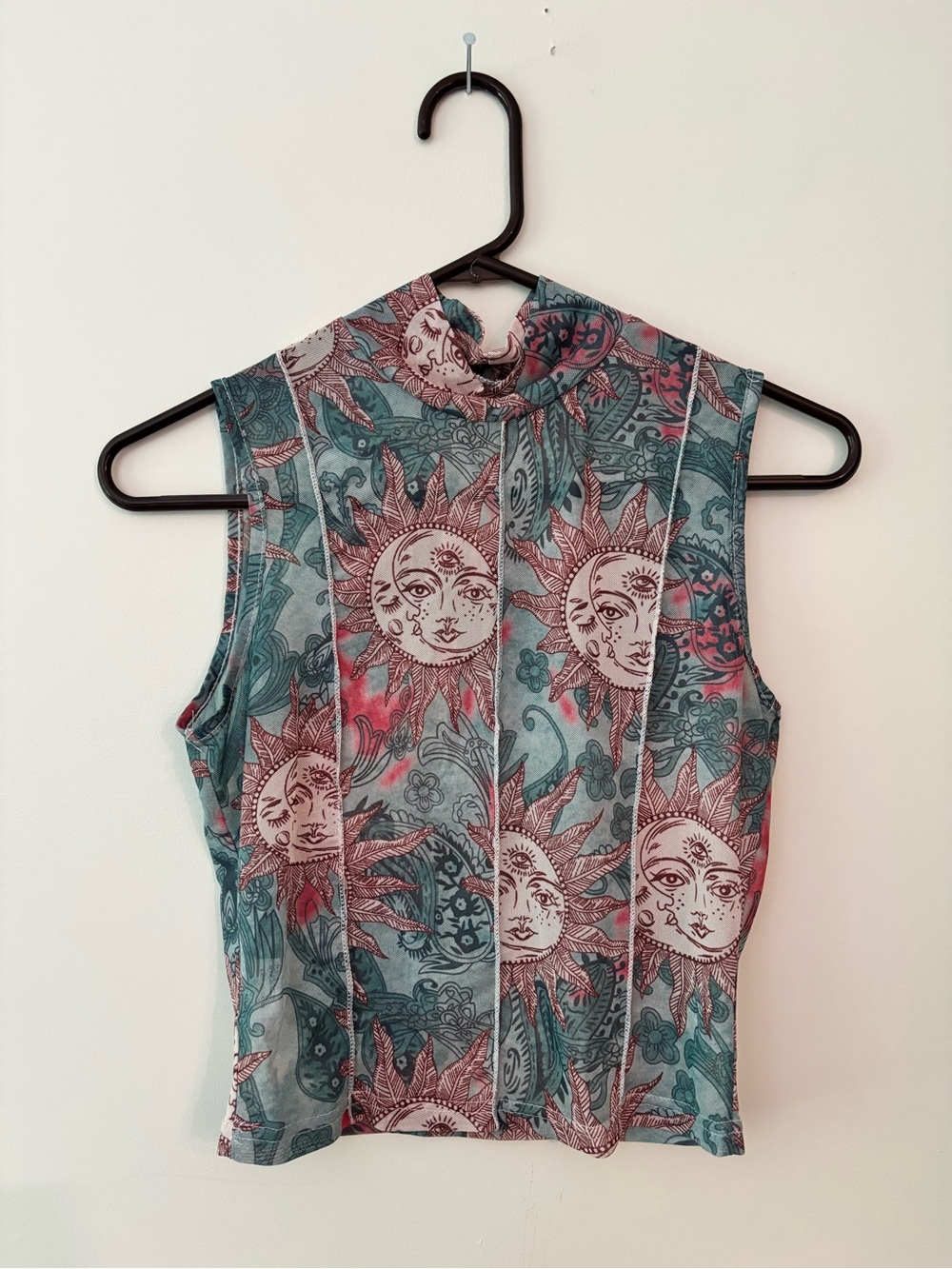 Stretchy Sun Print mesh Mock Neck Top - Teal & Pink
